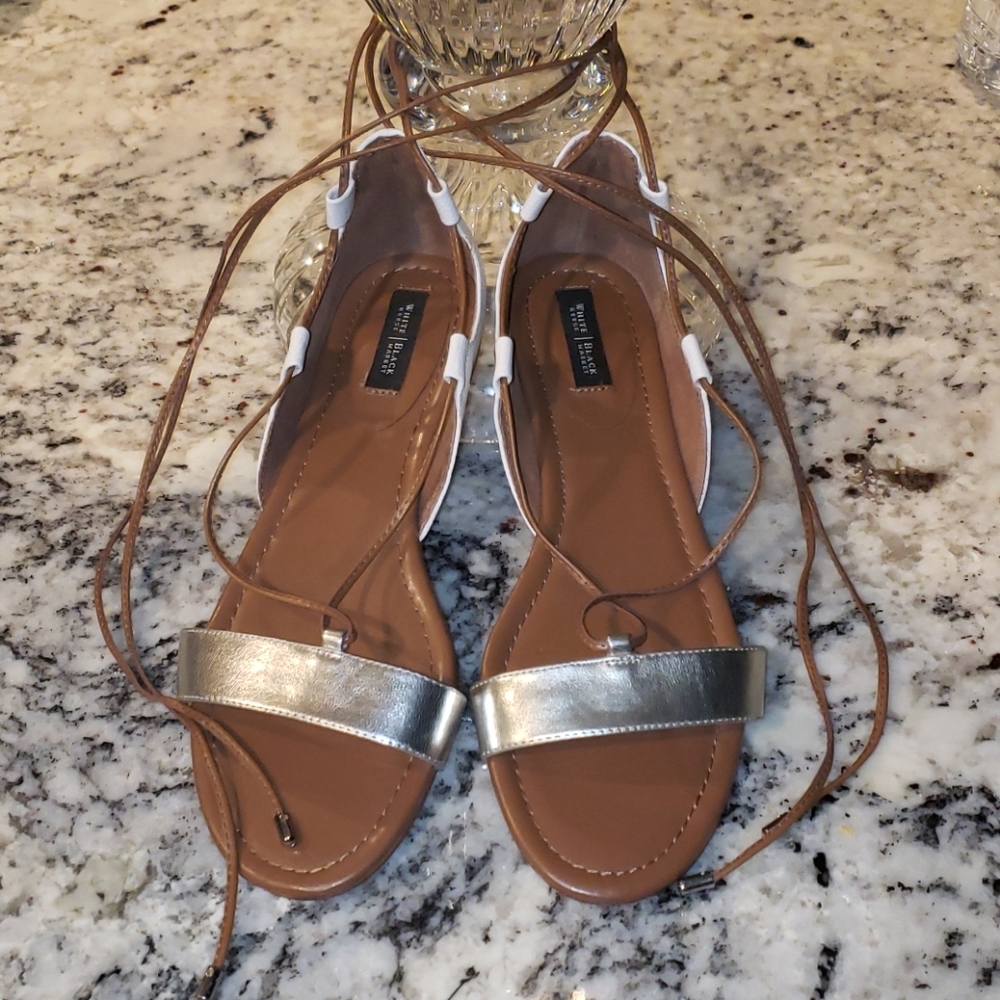 WHITE HOUSE BLACK MARKET silver lace up flats